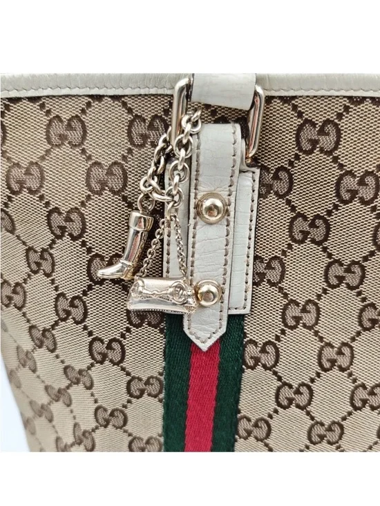 Gucci Beige GG Canvas Tote with Green-Red Stripe - Picture 4 of 14